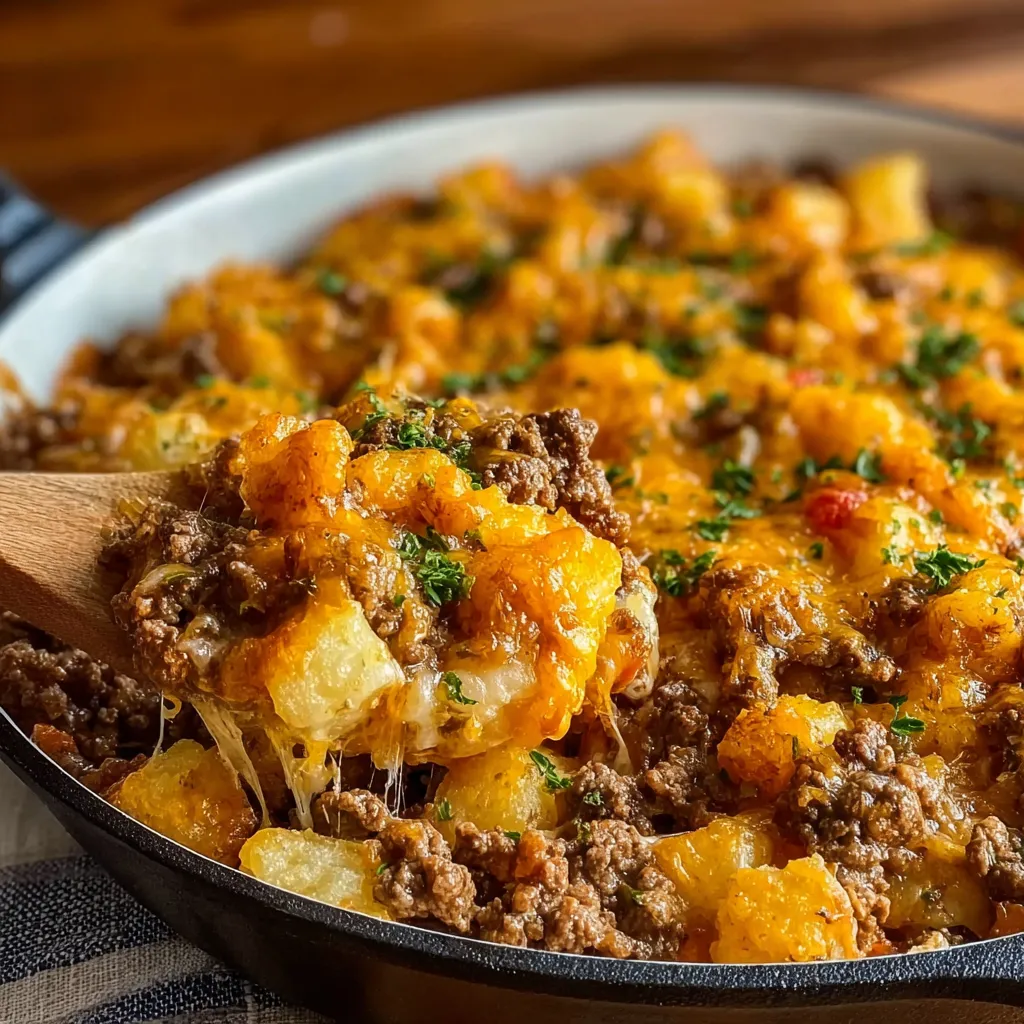 A close-up shot of a delicious, freshly baked Hobo Casserole, ready to be served.