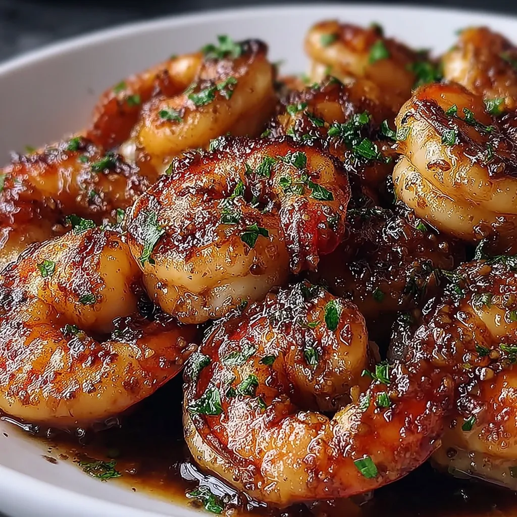 Close-up image of glistening Honey Garlic Shrimp served as part of a delicious meal.