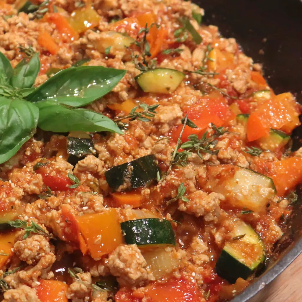 Close-up view of a bubbling Italian Ground Turkey Skillet, ready to be served.