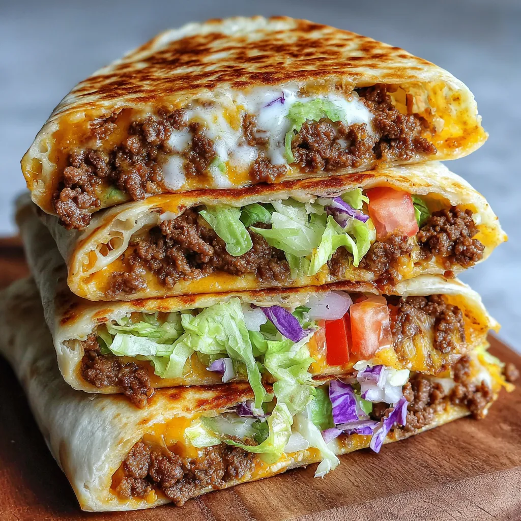 A close-up shows the delicious layers of a homemade Keto Crunchwraps recipe.