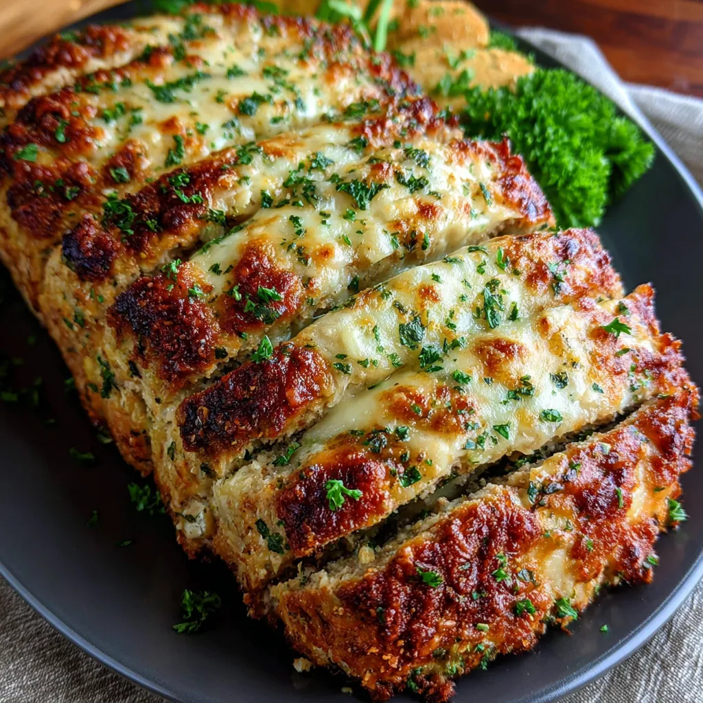 Close-up of a sliced Parmesan Chicken Meatloaf showing its moist texture and cheesy topping.