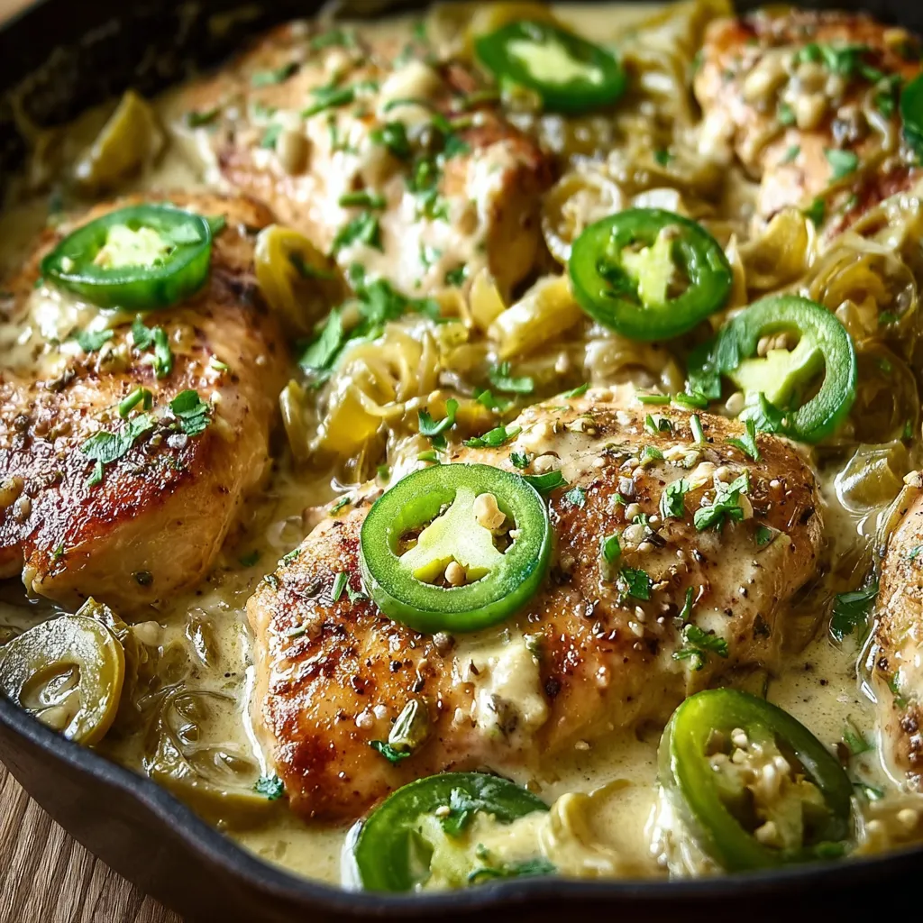 A close-up shot showcases the delicious Pepperoncini Chicken Skillet with juicy chicken, peppers, and a flavorful sauce.