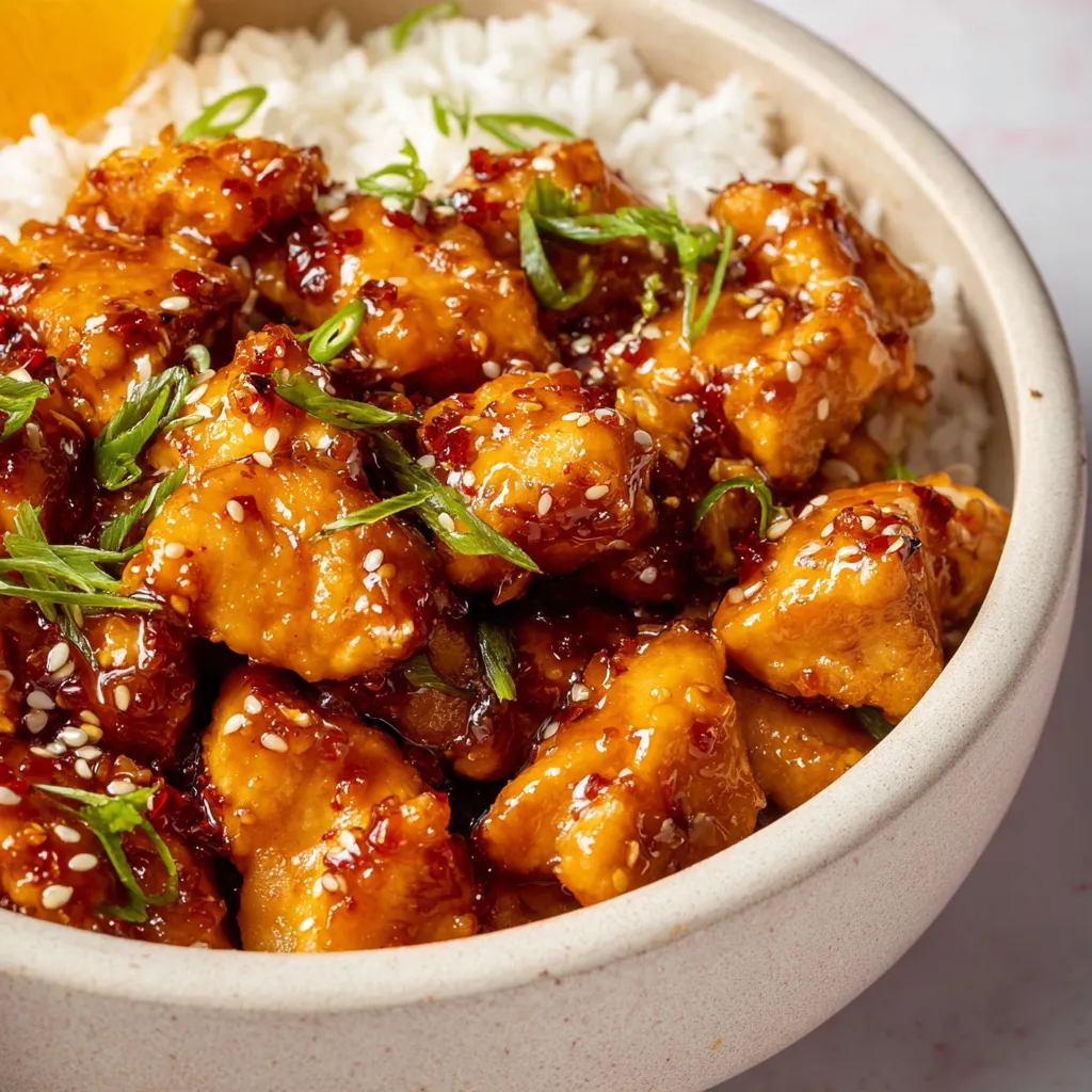 A close-up shot of glistening Orange Chicken, showcasing its vibrant sauce and crispy texture, accompanies the article.