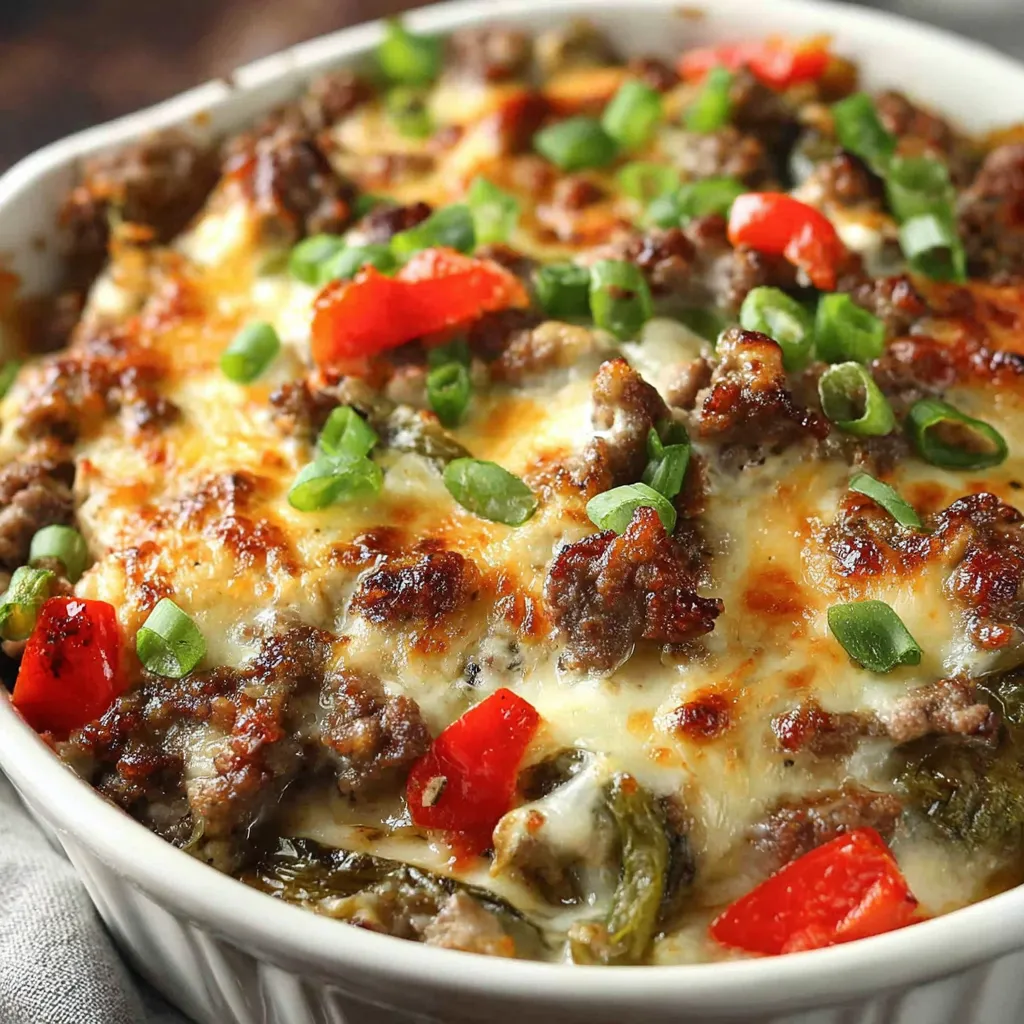 Close-up view of a freshly baked Philly Cheesesteak Casserole, showcasing its melted cheese and golden-brown topping.
