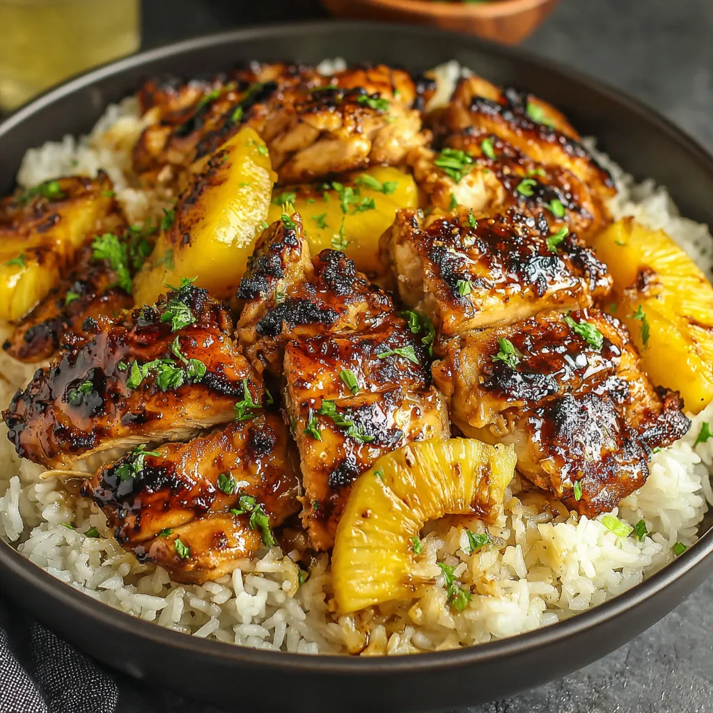 Close-up shot of a vibrant plate of Pineapple Chicken And Rice, showcasing the juicy chicken, sweet pineapple chunks, and fluffy rice.