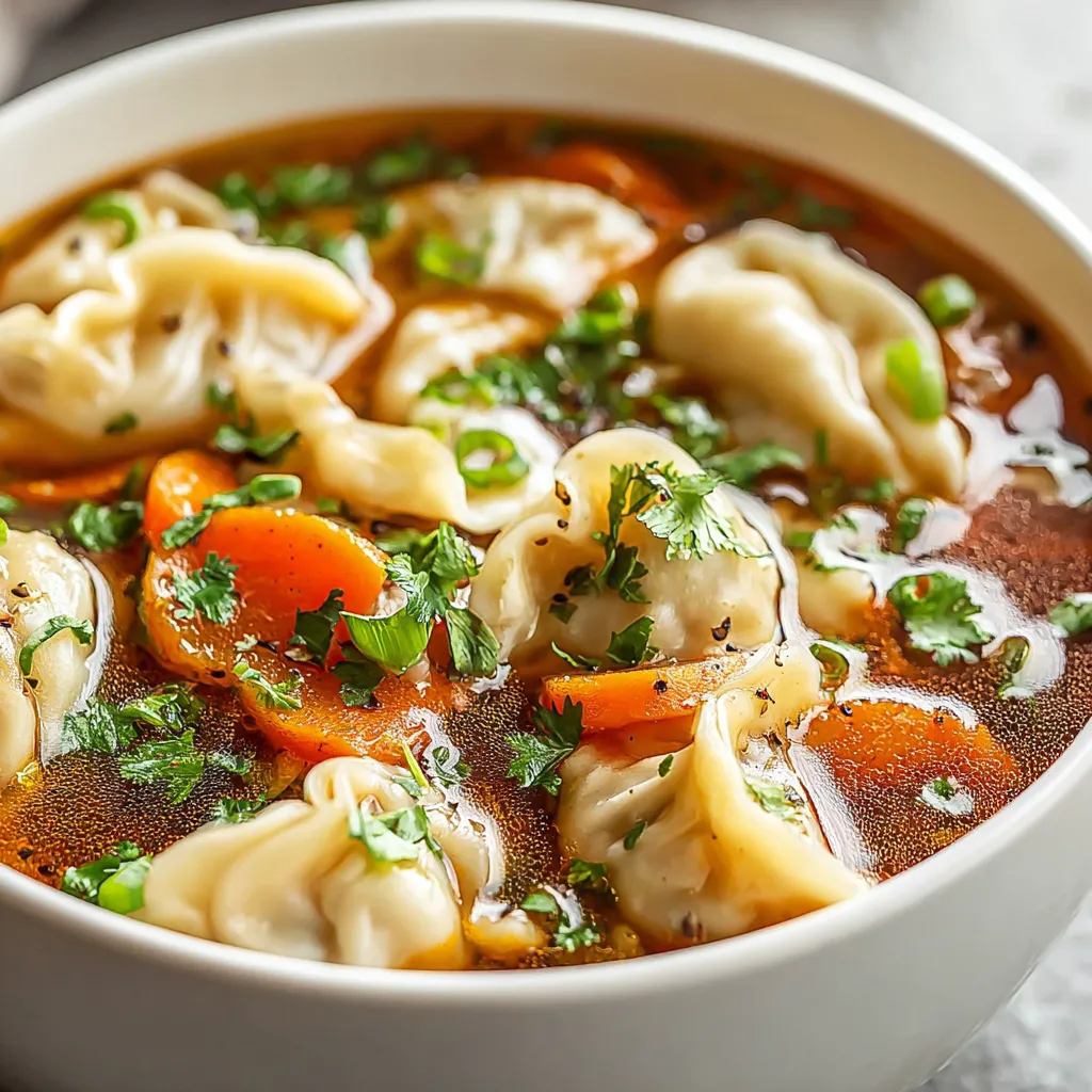 A steaming bowl of Potsticker Soup is shown, highlighting the savory broth and plump dumplings.