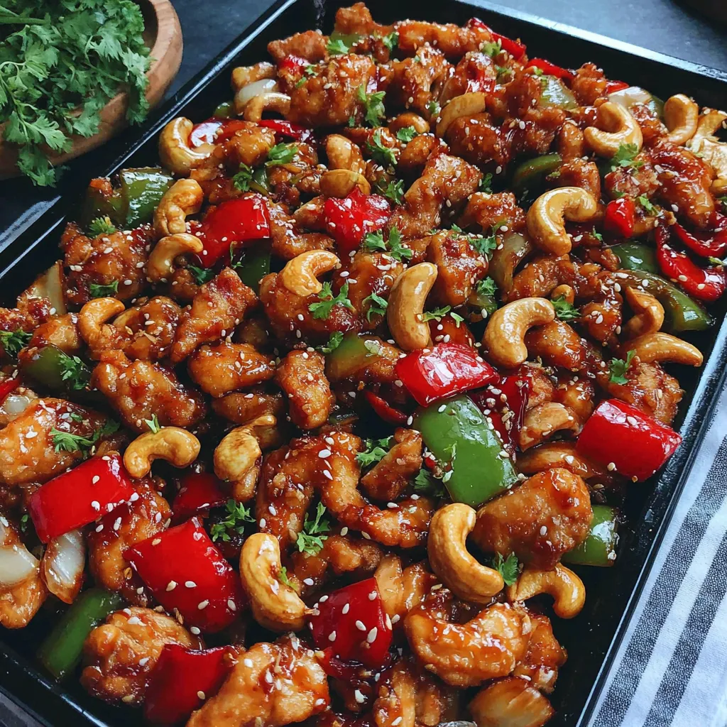Close-up of colorful Sheet Pan Cashew Chicken with bell peppers, chicken, and cashews on a baking sheet.