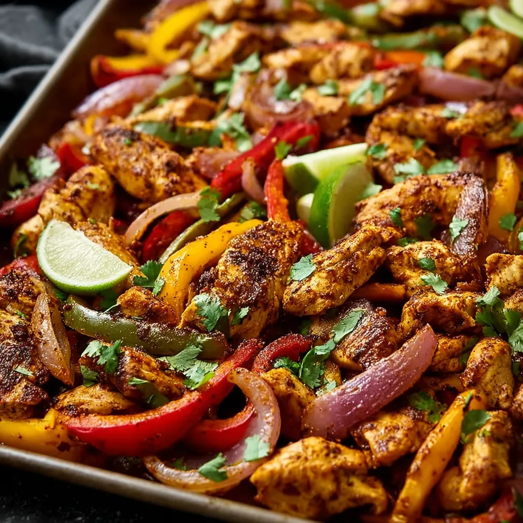 Close-up of vibrant Sheet Pan Chicken Fajitas fresh out of the oven, showcasing colorful peppers, onions, and tender chicken.