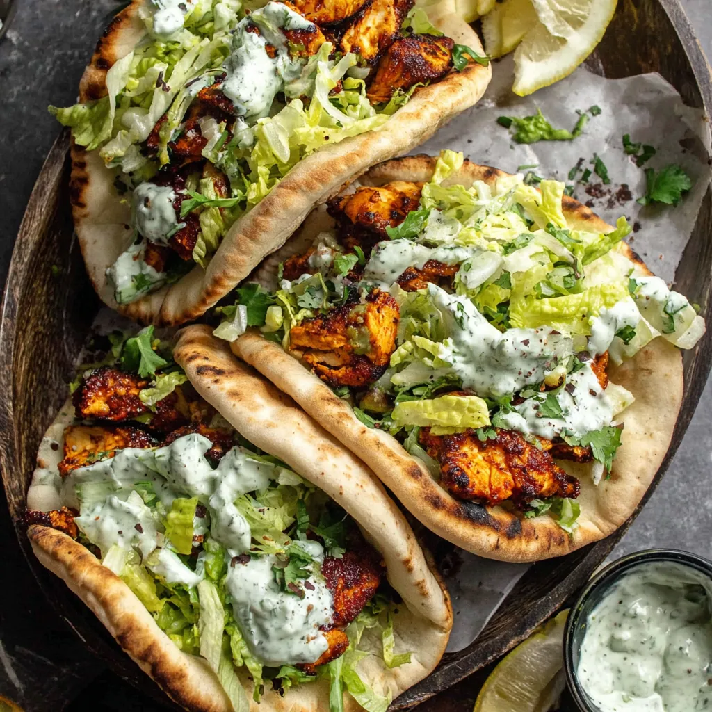 Close-up shot of assembled Sheet Pan Chicken Pitas, showcasing the juicy chicken and fresh toppings inside the pita bread.