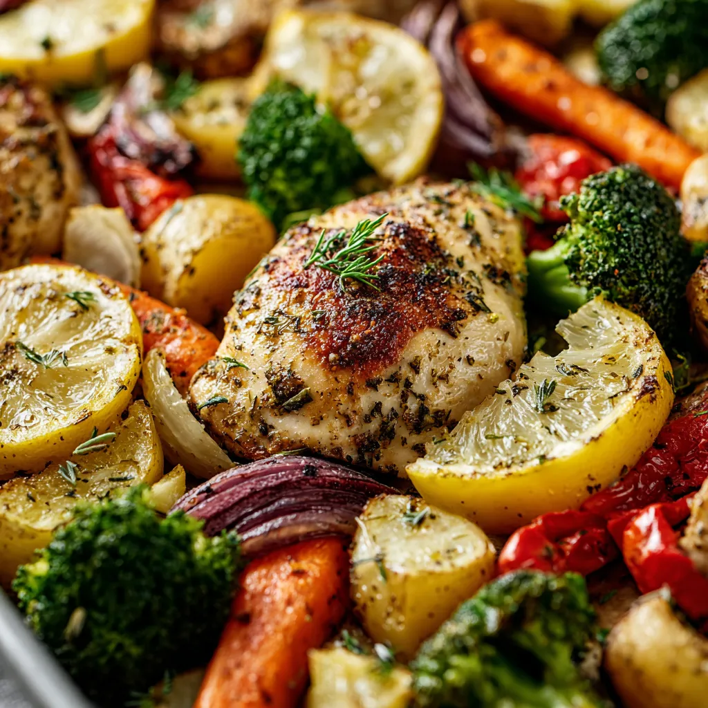 Close-up of a perfectly roasted Sheet Pan Lemon Herb Chicken And Vegetables dish, showcasing the golden-brown chicken and vibrant, tender vegetables.