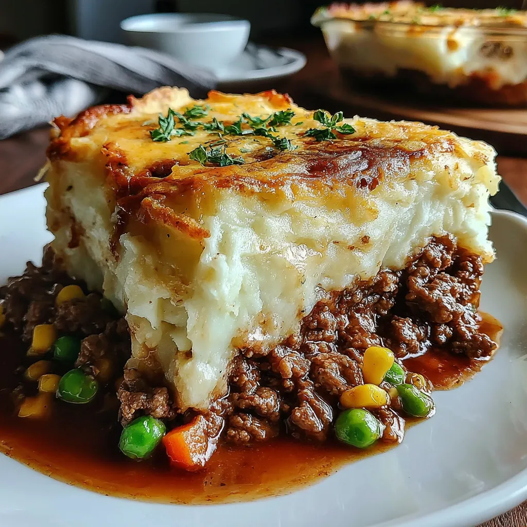 Close-up shot showcasing the delicious layers of a freshly baked Shepherd's Pie Casserole.