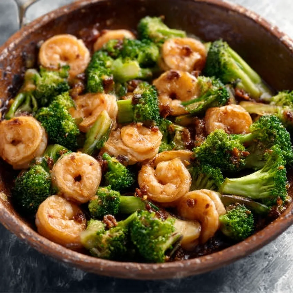 Close-up shot of a delicious Shrimp And Broccoli Stir-Fry, showcasing the vibrant colors of the shrimp, broccoli florets, and savory sauce.