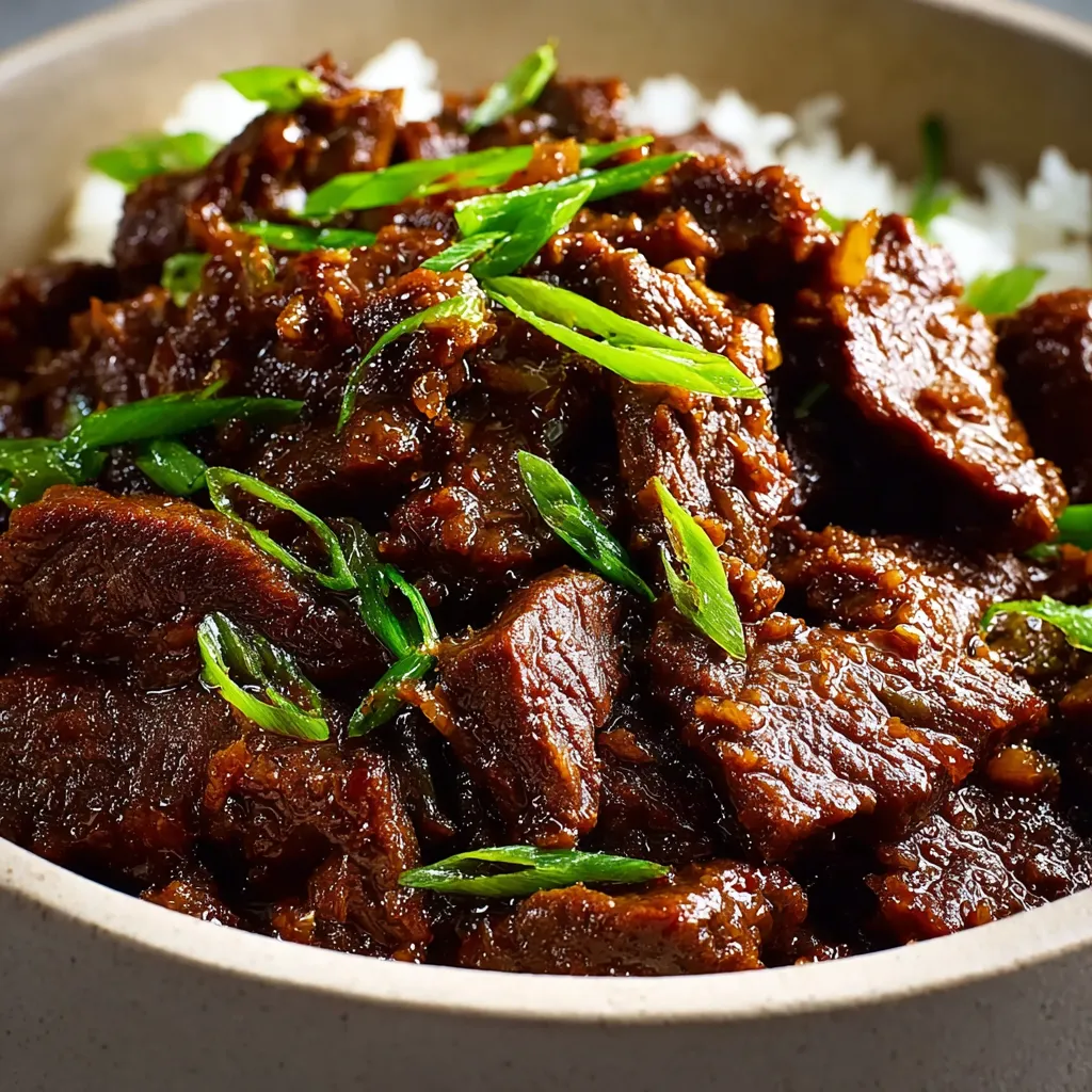 A close-up shot showcases the savory sauce glistening on a plate of freshly prepared Mongolian Beef, ready to be enjoyed.