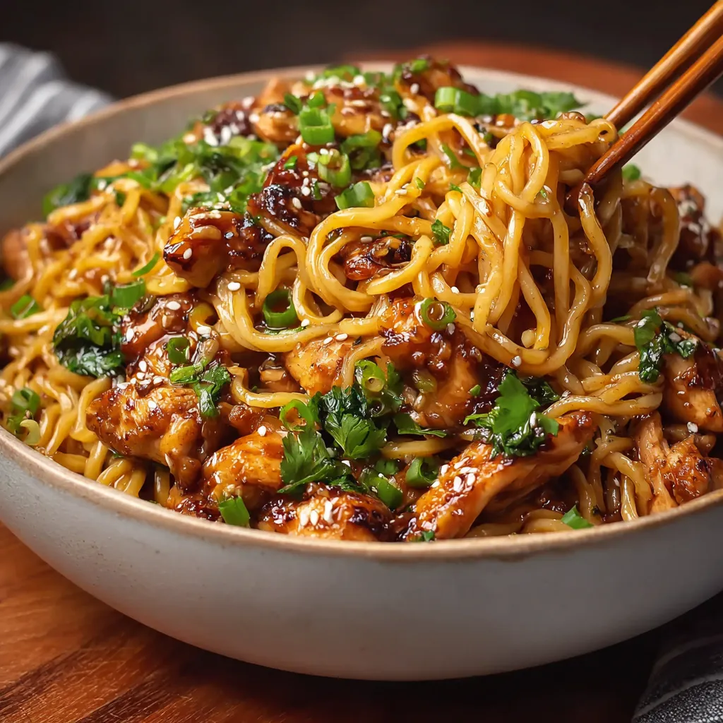Close-up of delicious Sticky Garlic Chicken Noodles, showcasing the glistening sauce and tender chicken pieces.