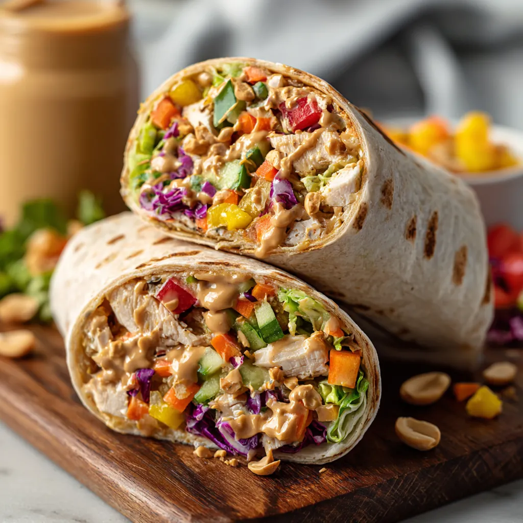 Delicious Thai Peanut Chicken Wraps are pictured in this second image, showcasing their vibrant colors and appetizing presentation.