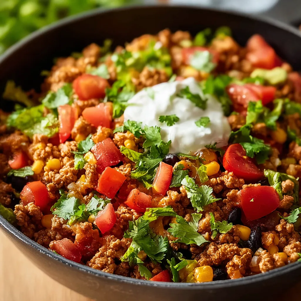 Close-up shot of a delicious Turkey Taco Skillet, showcasing its colorful ingredients and inviting texture.