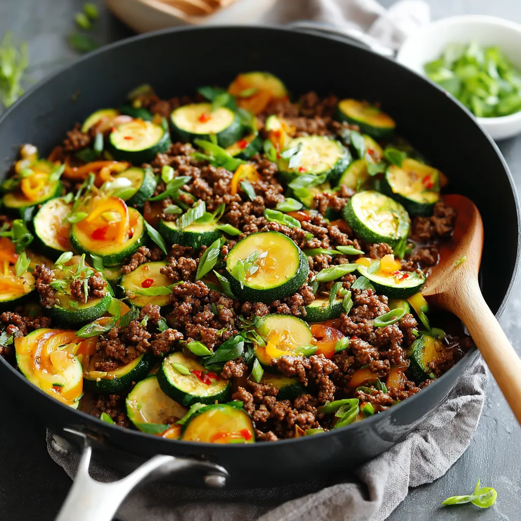 Close-up of a delicious Zucchini Beef Stir-Fry, showcasing the vibrant colors and textures of the beef, zucchini, and other fresh ingredients.