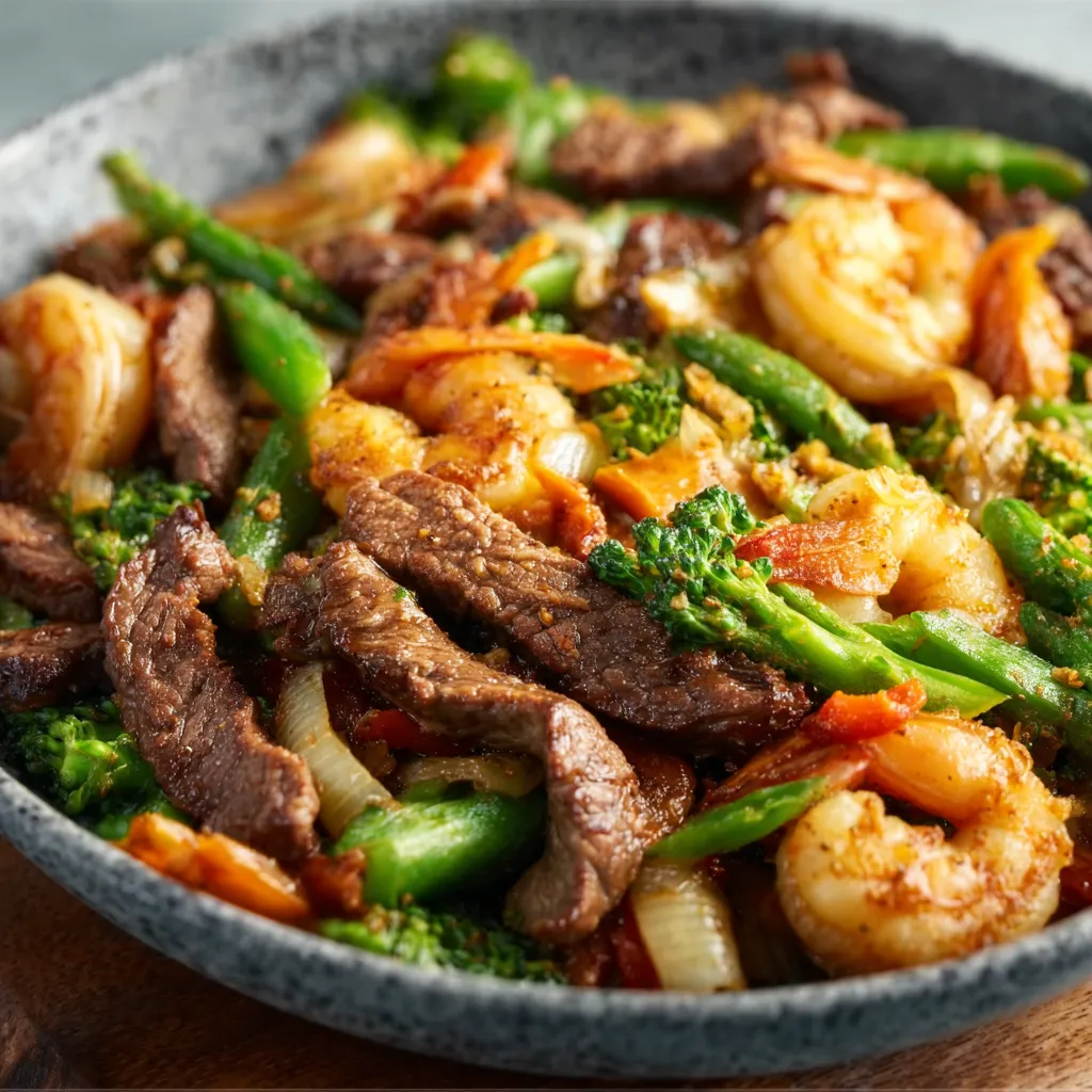 Close-up view of a sizzling Steak & Shrimp Stir-Fry, showcasing the vibrant colors and textures of the dish.