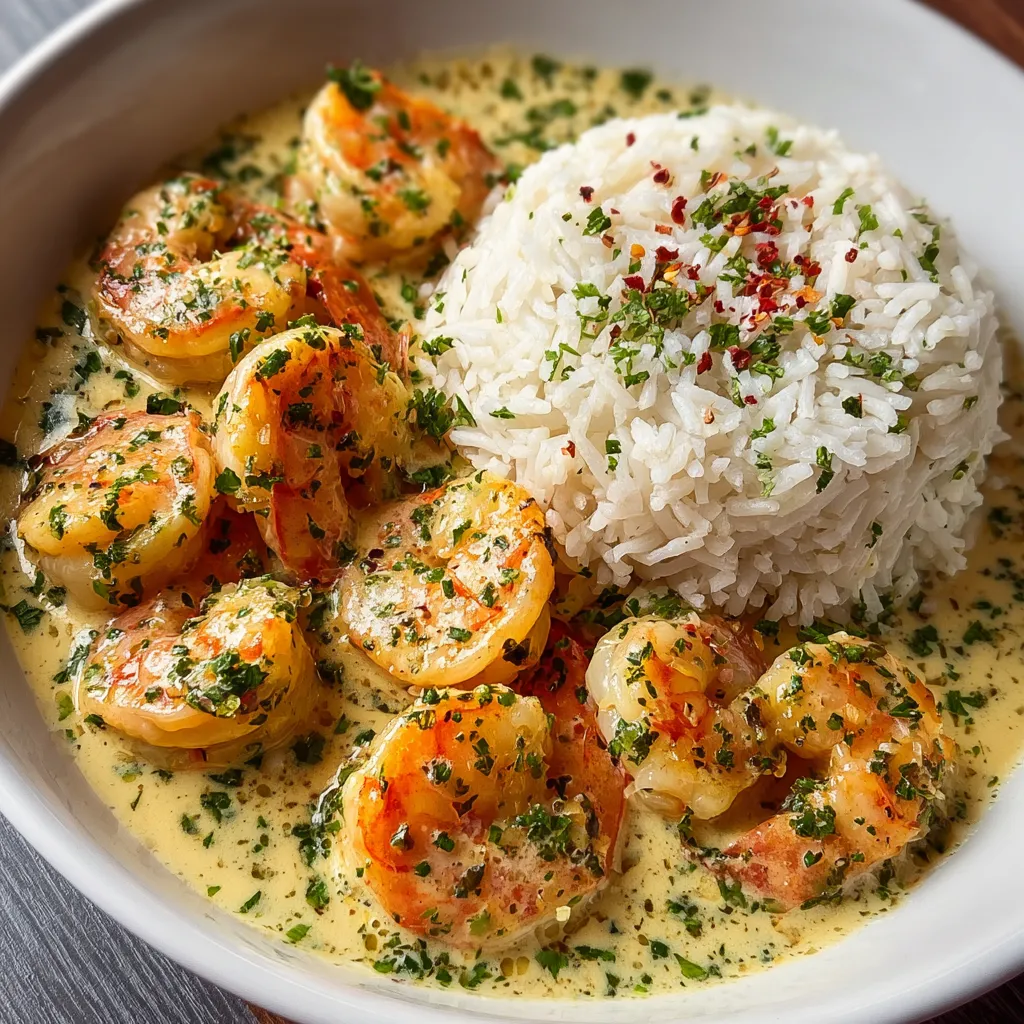 Close-up of a delicious plate of Garlic Butter Shrimp With Rice, showcasing the succulent shrimp and perfectly cooked rice.