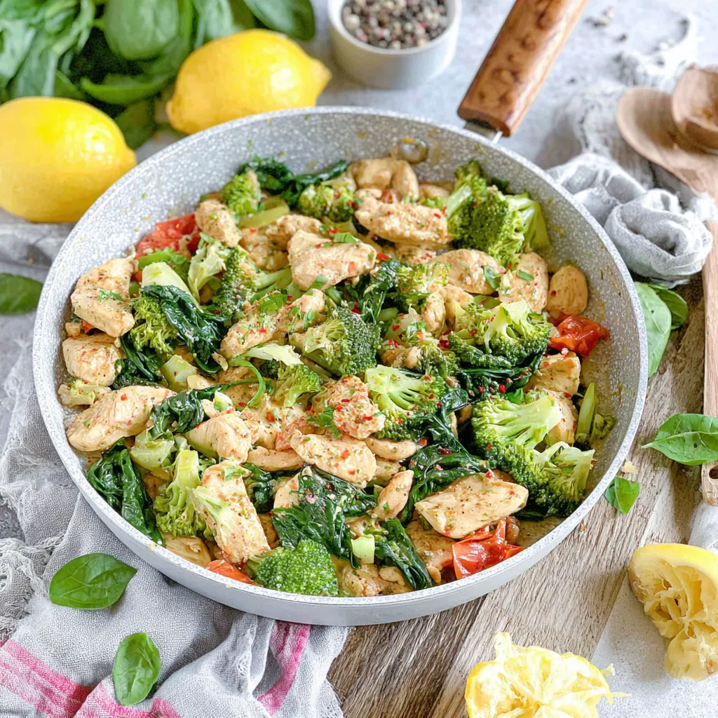 Close-up shot of freshly cooked Garlic Chicken With Broccoli And Spinach, showcasing the vibrant green vegetables and tender chicken pieces.