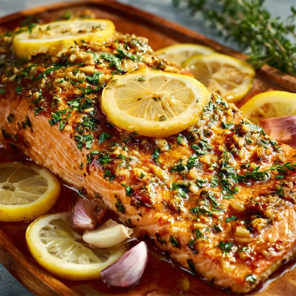Close-up shot of freshly baked Garlic Lemon Salmon with herbs and lemon slices, ready to be served.