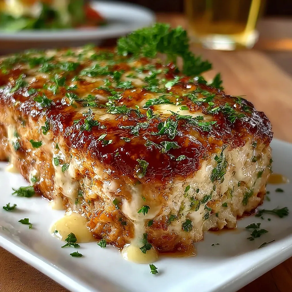 Close-up of a sliced Garlic Parmesan Chicken Meatloaf showing the moist interior and cheesy topping.
