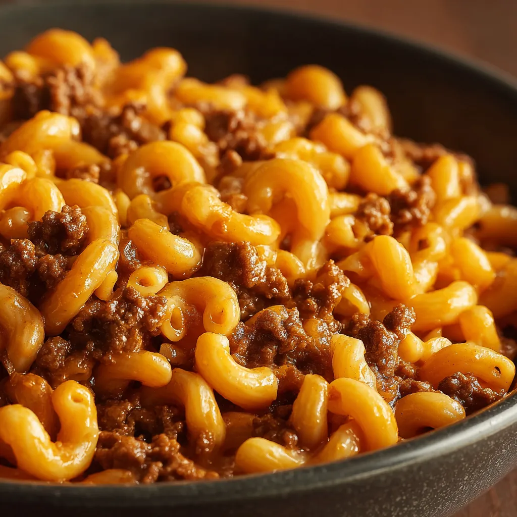 A prepared skillet of Gluten Free Hamburger Helper is shown as part of a recipe article.