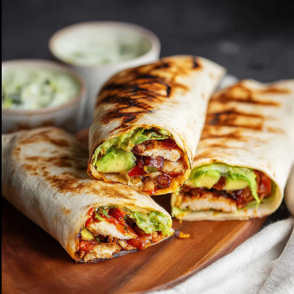 Another delicious view of homemade Grilled Avocado Chicken Wraps ready to eat.