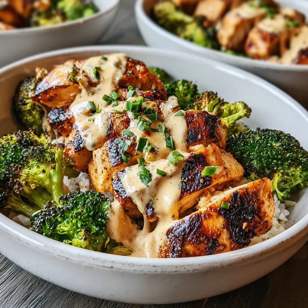A close-up shows the delicious details of prepared Grilled Chicken Broccoli Bowls, highlighting the grilled chicken and vibrant broccoli.