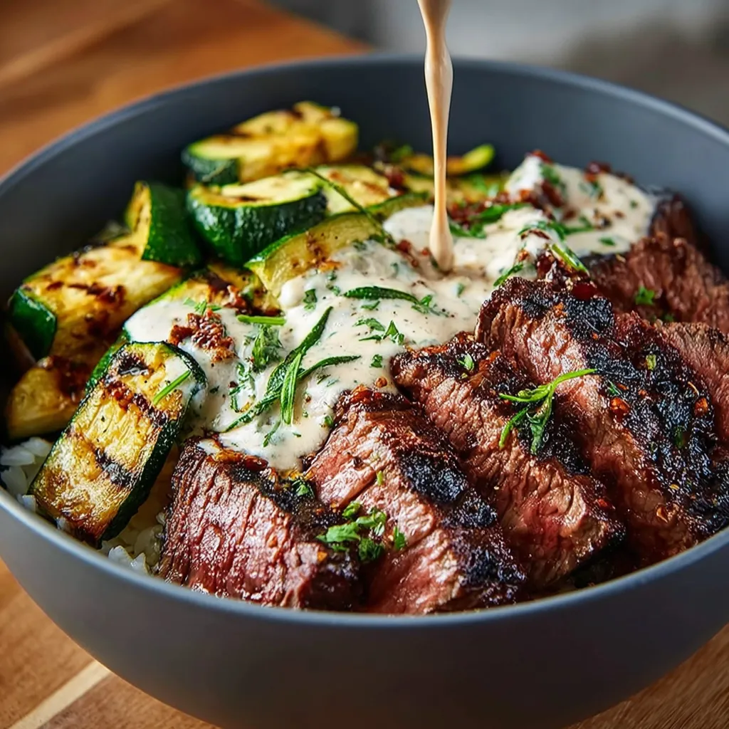 A close-up view of a delicious Grilled Steak Bowl, showcasing the perfectly grilled steak, fresh vegetables, and flavorful toppings.