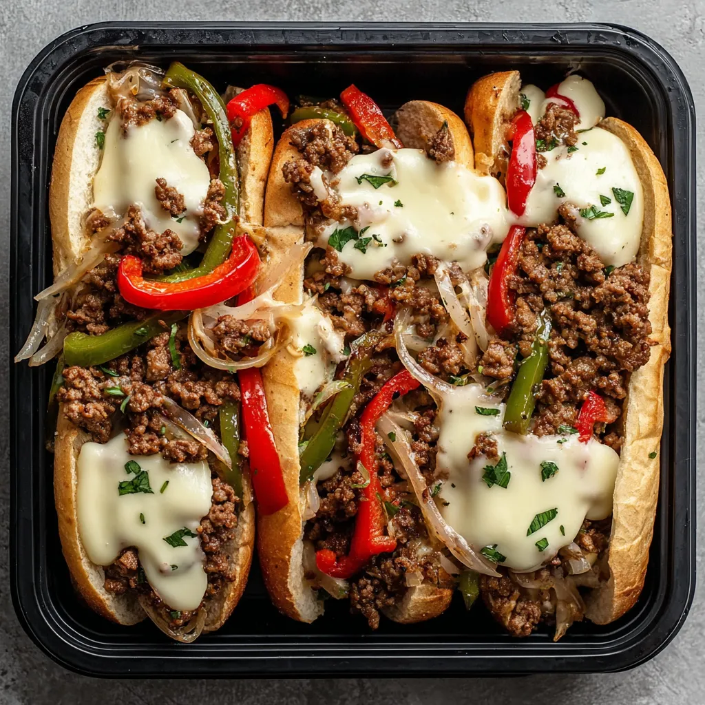 A close-up shot showcasing a delicious Ground Beef Philly Cheesesteak, perfect for a weeknight dinner.