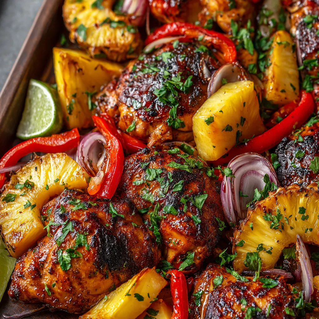 Close-up shot of a vibrant Hawaiian Chicken Sheet Pan meal ready to be served.