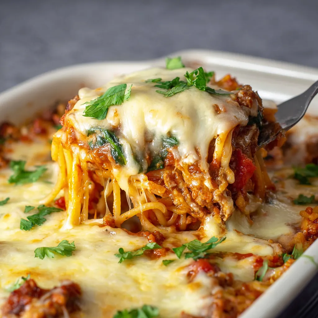 Close-up showing a delicious serving of High Protein Spaghetti Casserole with melted cheese and a rich tomato sauce.