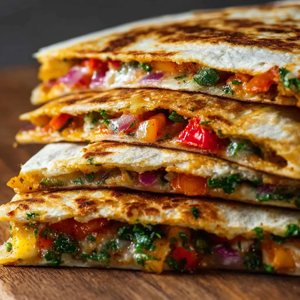 Close-up shot of delicious High-Protein Veggie Quesadillas, showcasing the melted cheese and colorful vegetables inside.