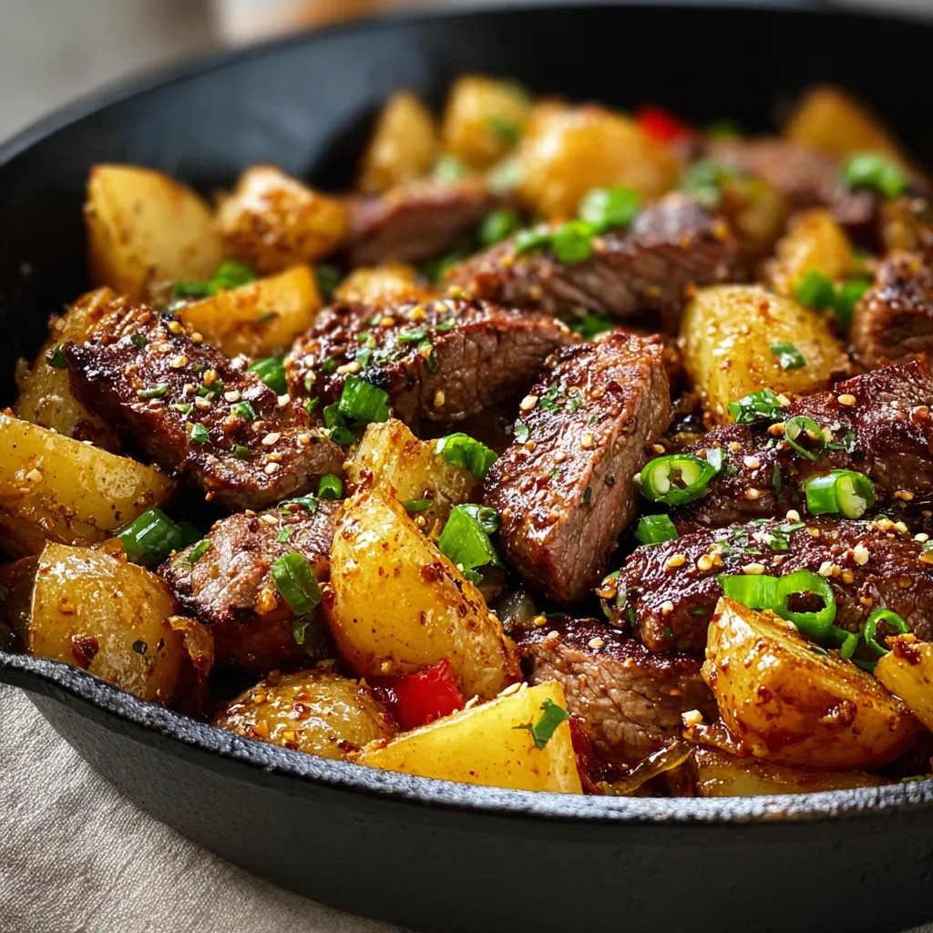 Close-up of a delicious Honey Garlic Steak And Potato Skillet, showcasing tender steak and golden potatoes glazed in a savory sauce.