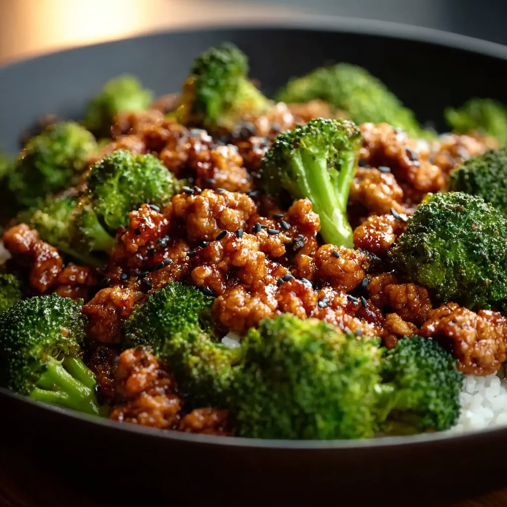 Close-up of Honey Sriracha Ground Chicken And Broccoli, showcasing the vibrant colors and textures of the dish.