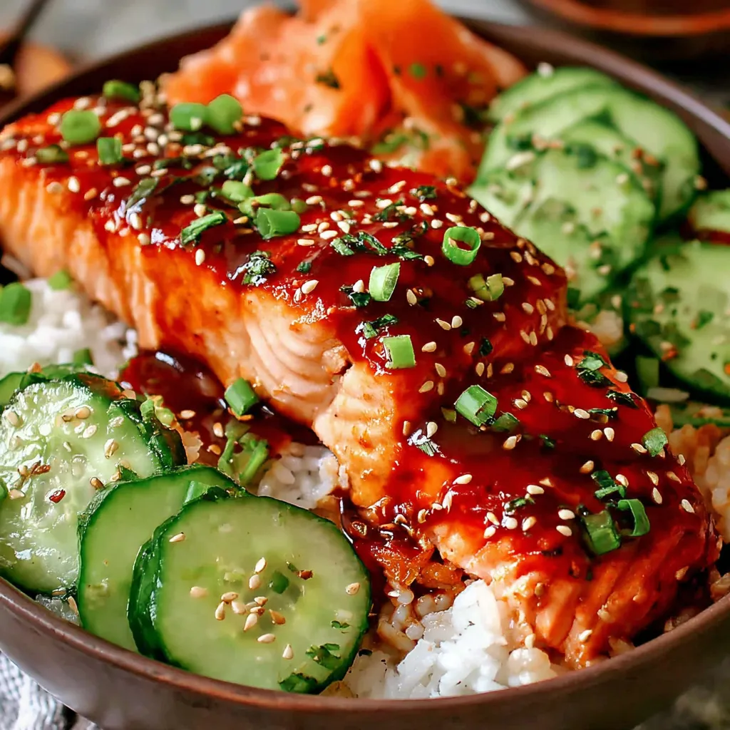 Close-up of a delicious Honey Sriracha Salmon Bowls meal, showcasing the vibrant colors and textures of the salmon, rice, and fresh toppings.