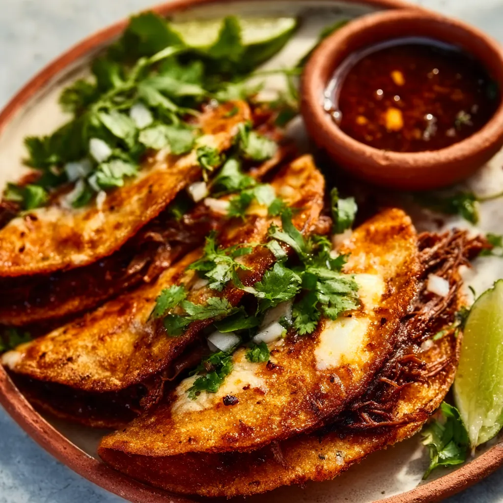 Close-up of delicious, juicy Birria Tacos, showcasing the melted cheese and shredded beef filling.