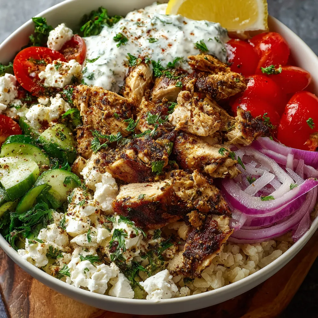 Close-up shot of flavorful Greek Chicken Gyro Bowls, showcasing the vibrant colors and fresh ingredients.