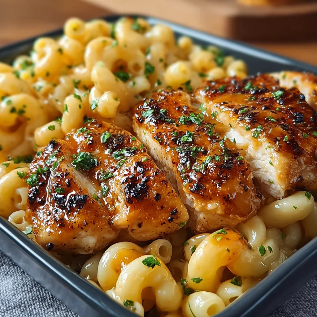 Close-up shot of creamy Honey Garlic Butter Chicken Mac, showcasing the delicious blend of chicken, pasta, and sauce.