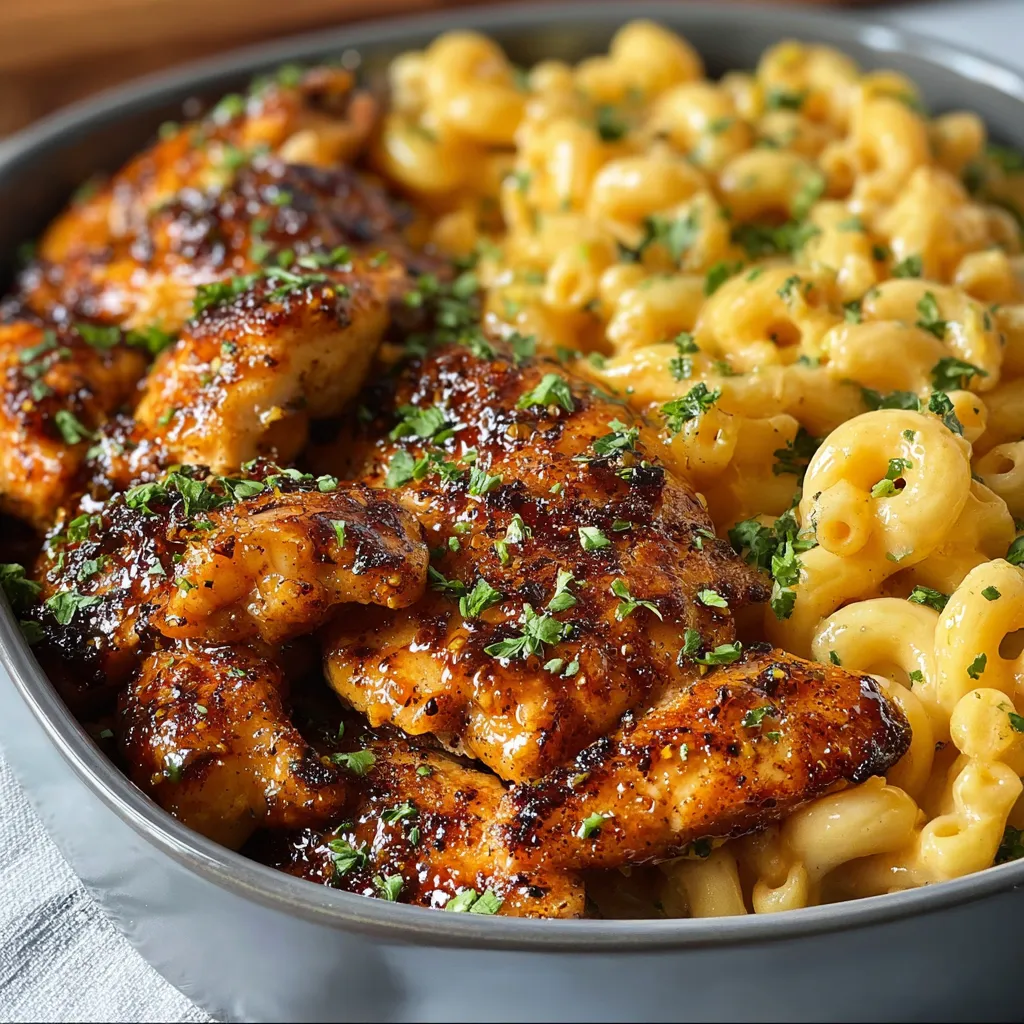 Close-up shot of creamy Honey Garlic Butter Chicken Mac & Cheese, showcasing the cheesy pasta, tender chicken, and glistening sauce.