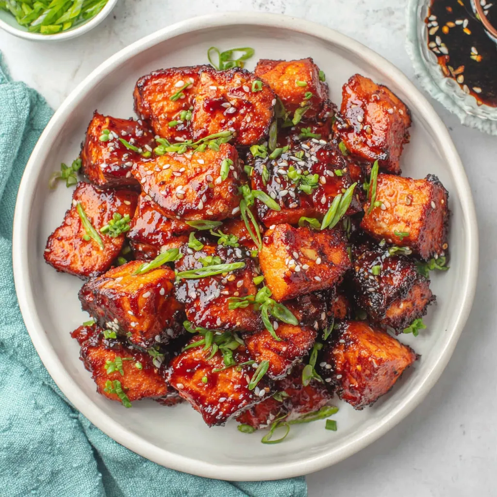 Close-up shot of golden-brown Honey Garlic Salmon Bites, showcasing the delicious glaze and flaky texture.