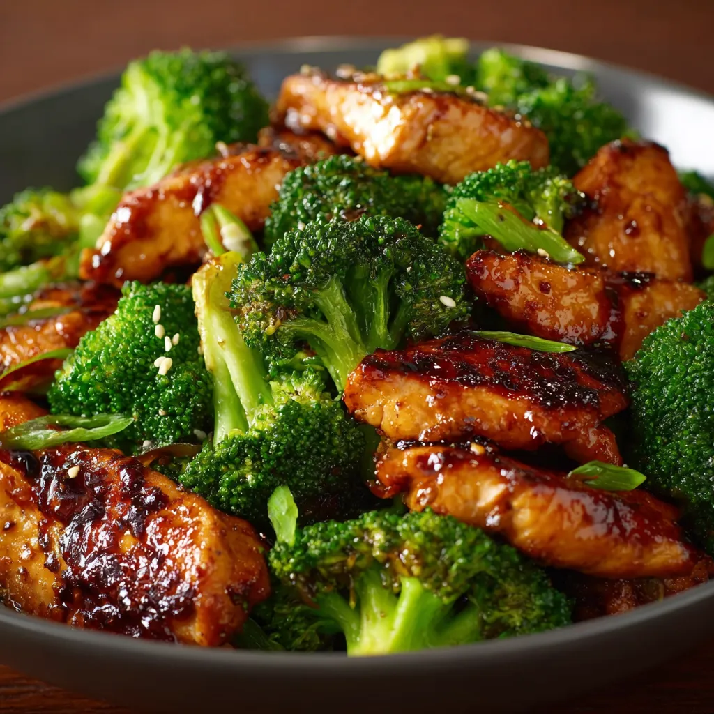 Close-up of glistening Sticky Honey Garlic Chicken Broccoli with tender chicken and vibrant green broccoli florets.