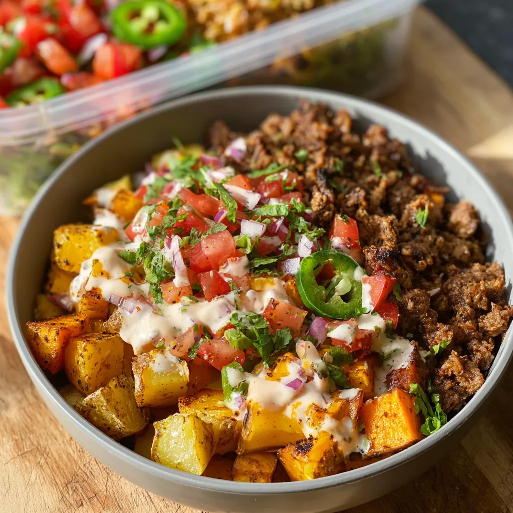 A close-up shot showcases a prepared Loaded Potato Taco Bowl Meal Prep, highlighting the textures and vibrant colors of the potatoes, toppings, and bowl.