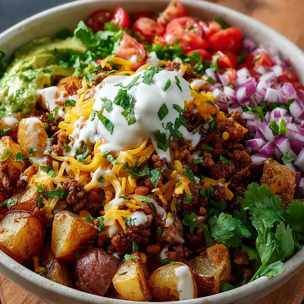 Close-up of a delicious Loaded Potato Taco Bowl, showcasing the variety of toppings.