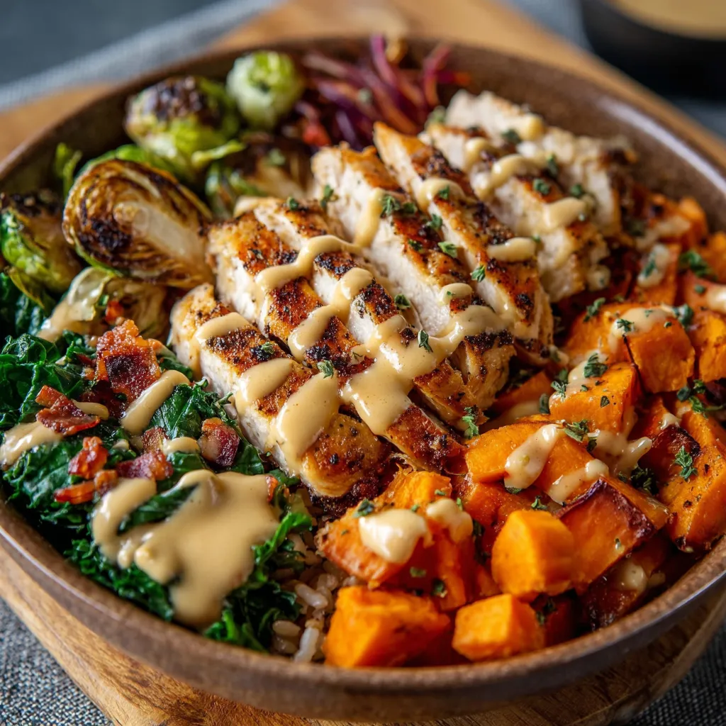 A vibrant close-up shows a delicious serving of Maple Dijon Chicken Sweet Potato Bowls, showcasing the colorful ingredients and appetizing presentation.