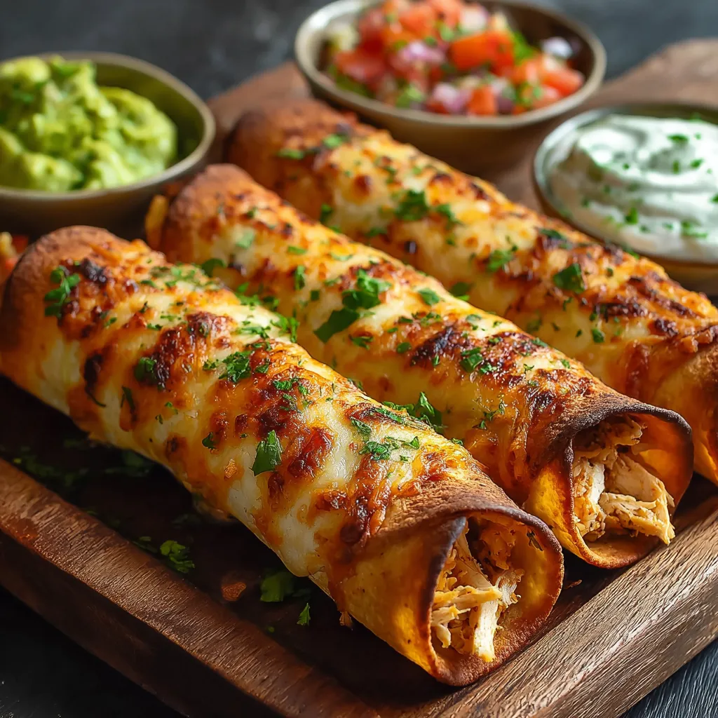 Golden brown Oven-Baked Chicken Taquitos are displayed in a serving dish, ready to be enjoyed.