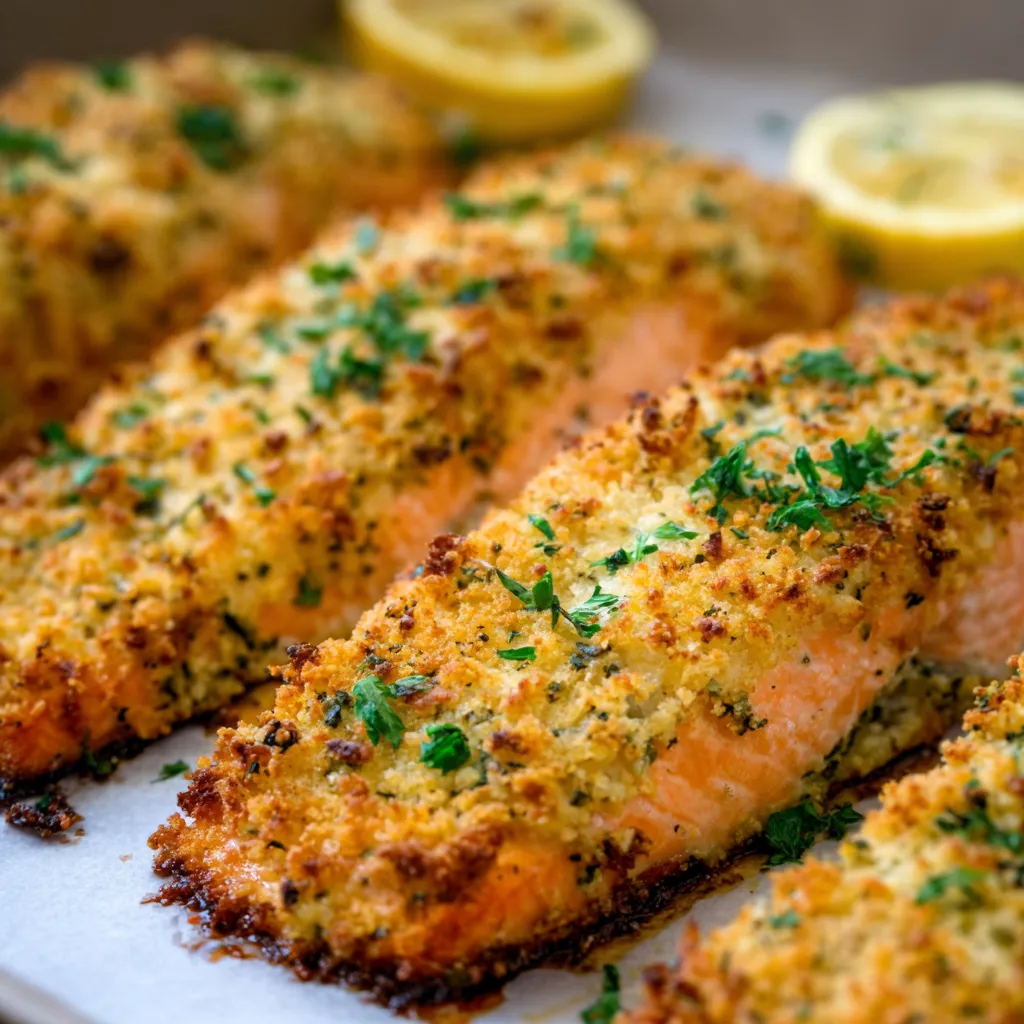Close-up view of a freshly baked Parmesan Salmon Bake ready to be served.