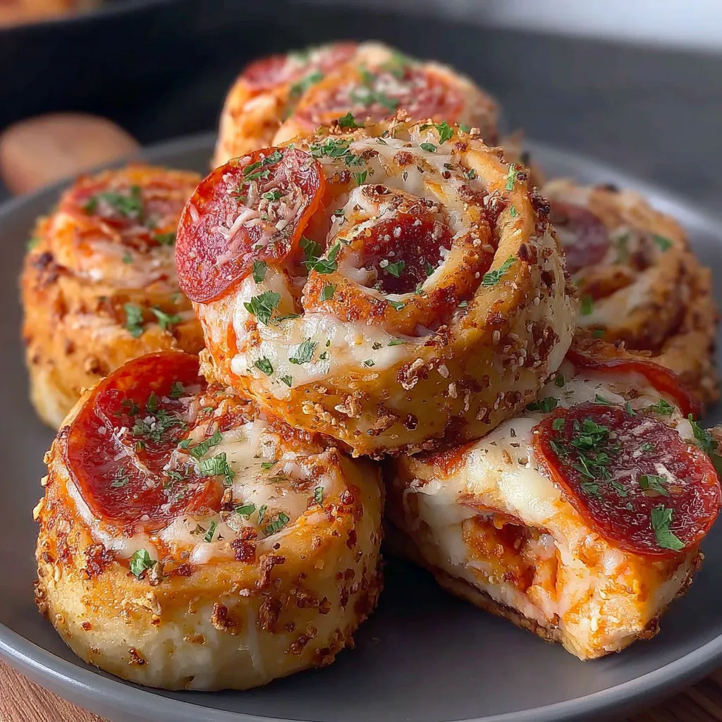 A close-up shot showcases golden-brown, baked Pepperoni Pizza Rolls, ready to be enjoyed.