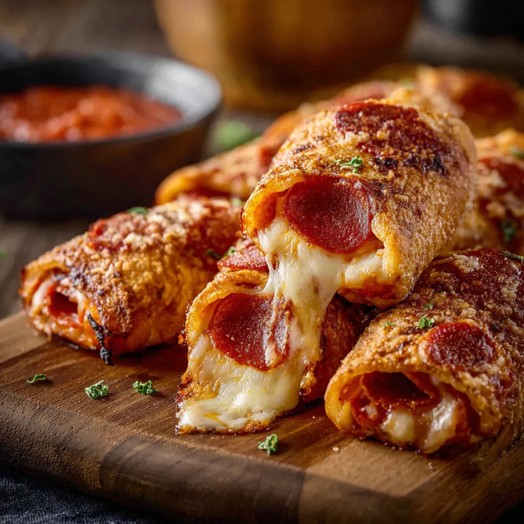 Close-up shot showcases the delicious filling inside Pepperoni Pizza Rolls, perfect for a snack or appetizer.